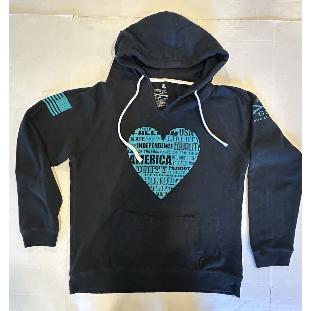 Grunt Sweatshirt Hoodie American Poetry V-neck Black Turquoise Women's Large